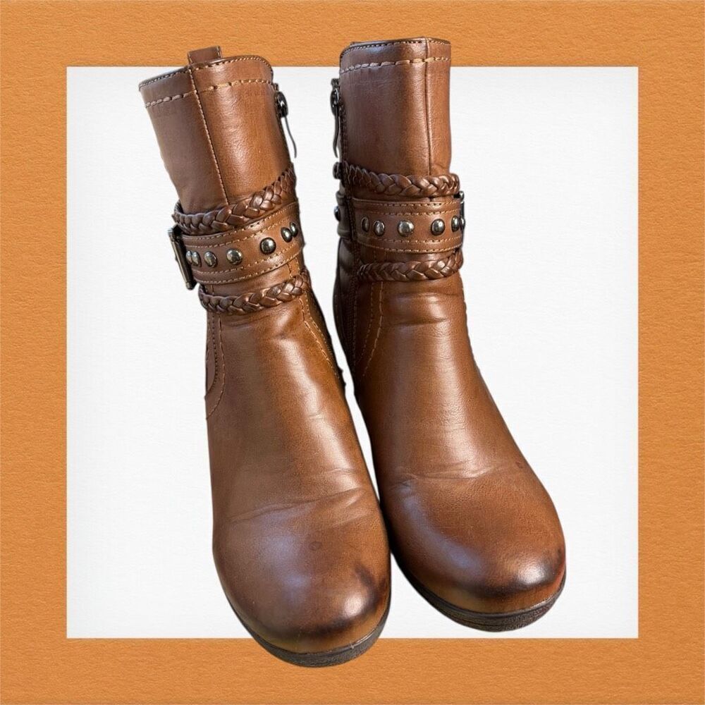 Stefania Women's Size 9W Brown Italian Leather Embellished Ankle Booties Boots